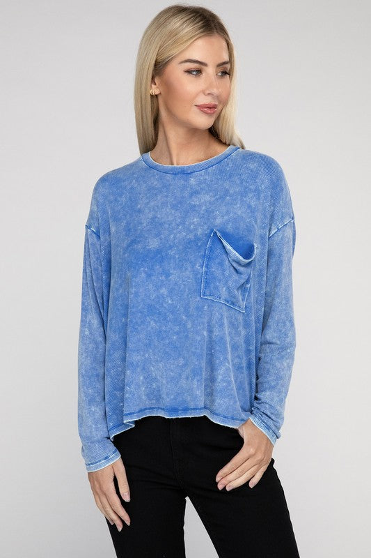 Washed Ribbed Dolman Sleeve Round Neck Top