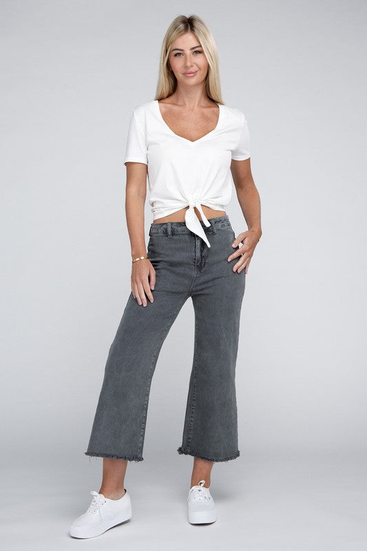 Acid Washed High Waist Frayed Hem Straight Pants