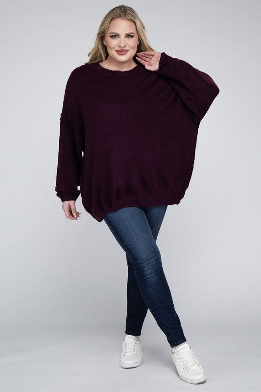 Plus Oversized Round Neck Raw Seam Melange Sweater