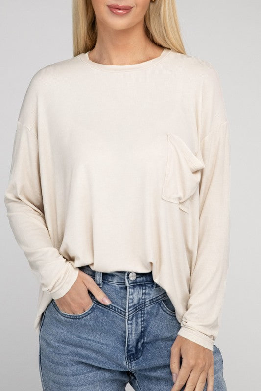 Washed Ribbed Dolman Sleeve Round Neck Top