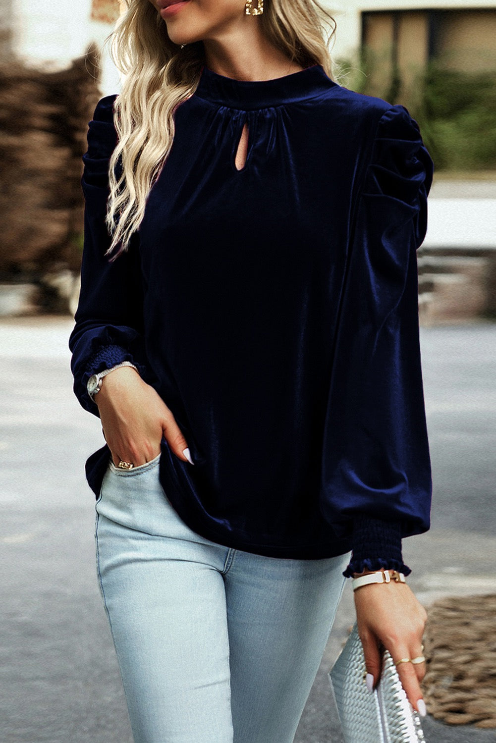 Navy Blue Mock Neck Velvet Blouse RTS