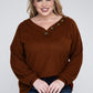 Plus Brushed Waffle V-Neck Button Detail Sweater