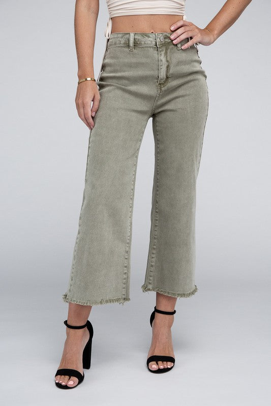 Acid Washed High Waist Frayed Hem Straight Pants