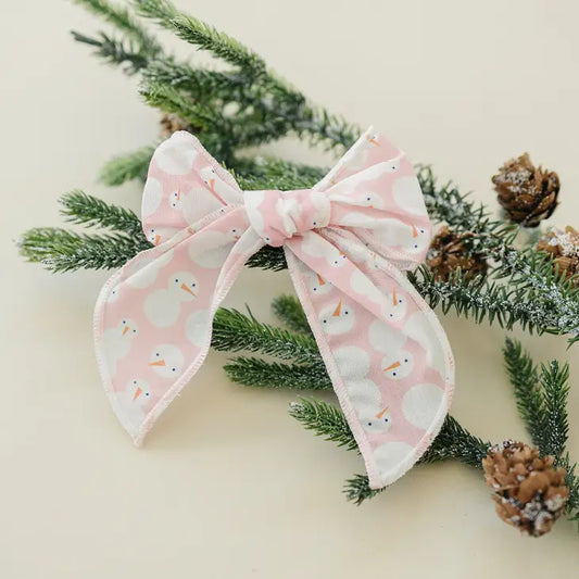 Pink Winter Snowman 4" Serged Cotton Hair Bow