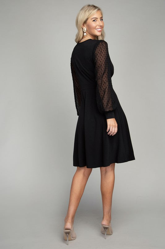 Swiss Dot puff Sleeve V neck Dress