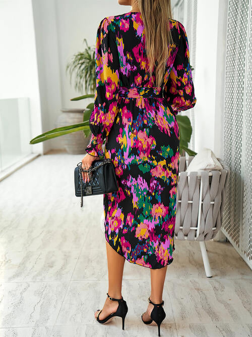 Printed Tie Front Lantern Sleeve Dress