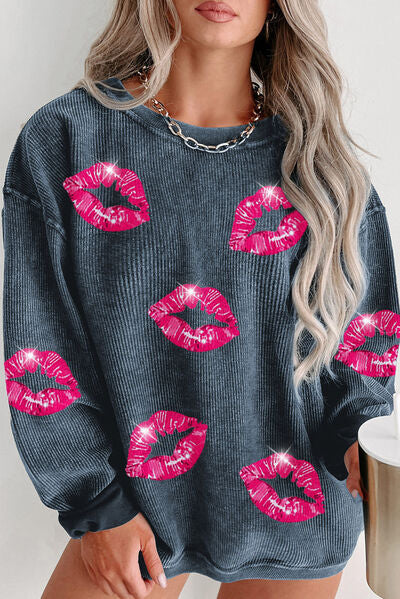 Plus Size Lip Ribbed Round Neck Sweatshirt