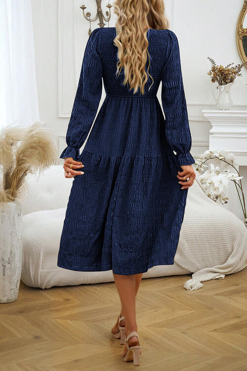 Round Neck Velvet Smocked Flounce Sleeve Dress