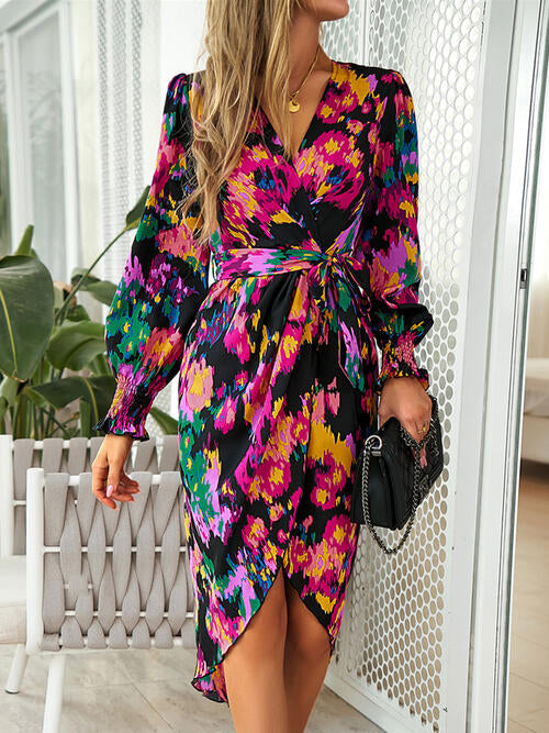 Printed Tie Front Lantern Sleeve Dress